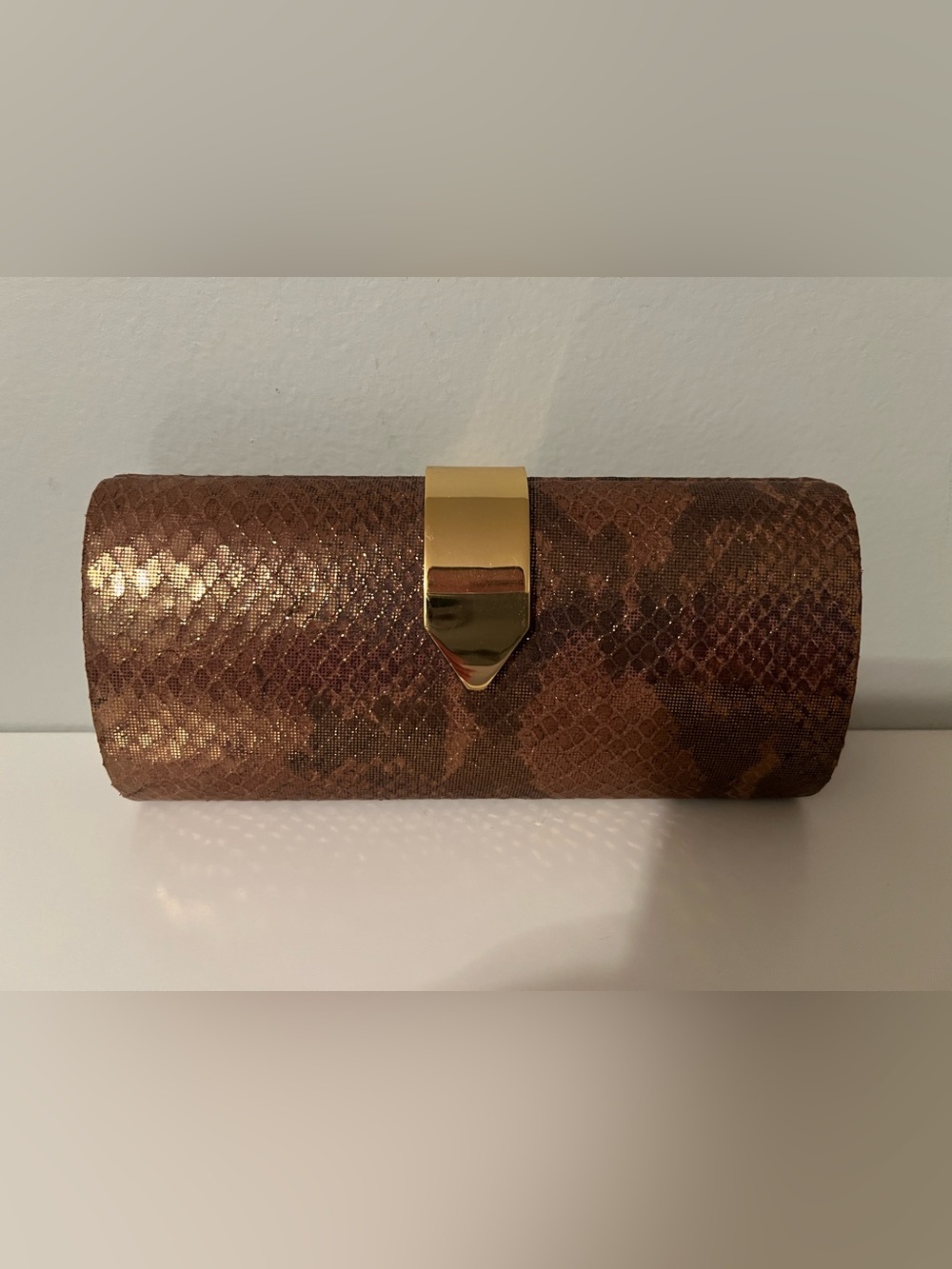 Banana Republic Brown Snakeskin-Textured Clutch with Gold Hardware